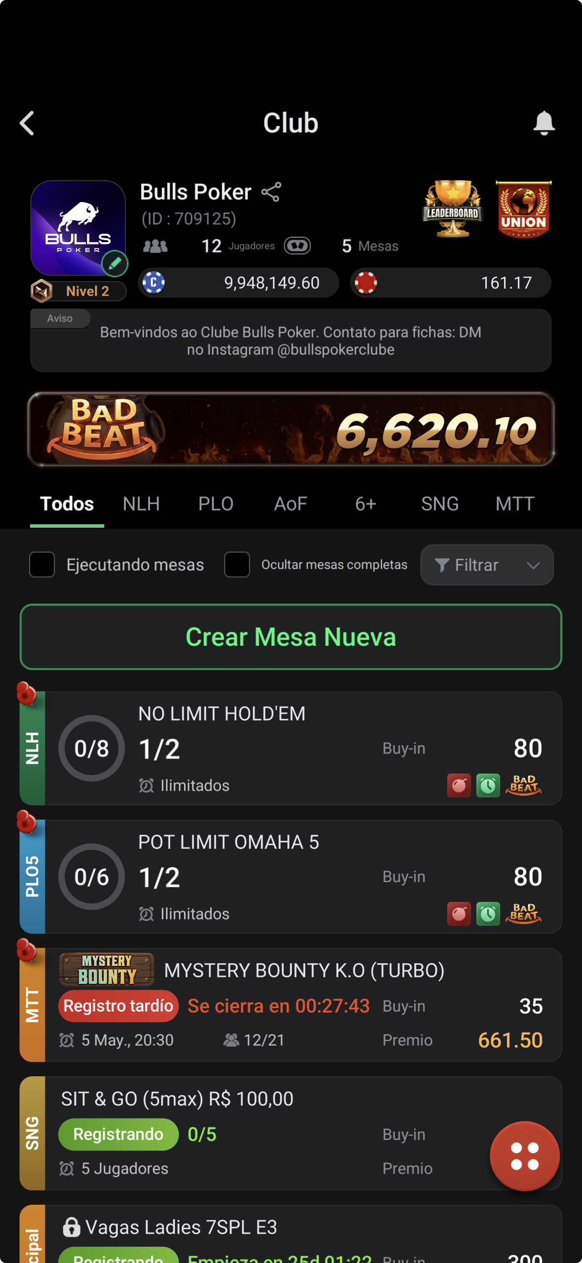 Lobby do Bulls Poker no Club GG